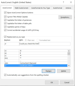 Autocorrect dialog box in Word 2016